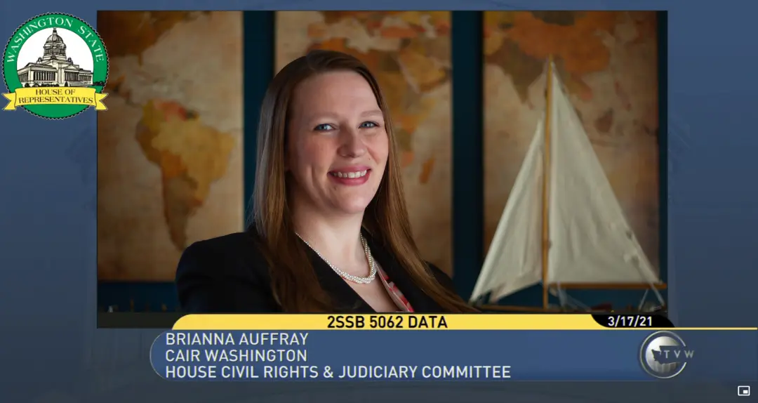 A screenshot of Brianna giving legislative testimony before the Washington State House of Representatives Civil Rights and Judiciary Committee